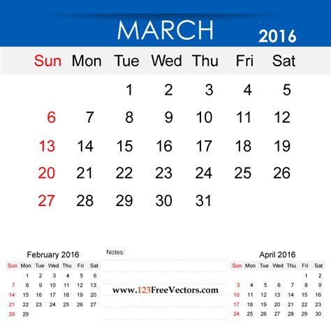 Calendar For March 2016
