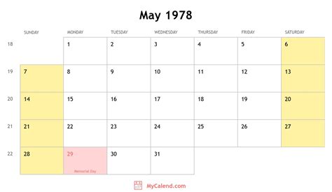 Calendar For May 1978