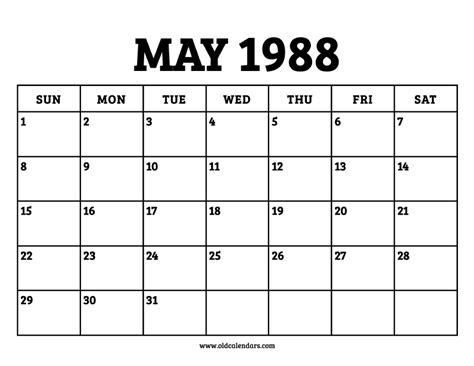 Calendar For May 1988