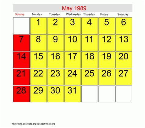 Calendar For May 1989