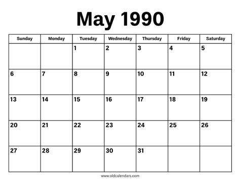 Calendar For May 1990