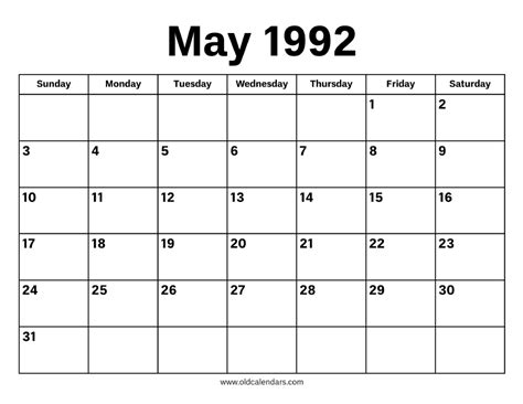 Calendar For May 1992