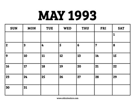 Calendar For May 1993