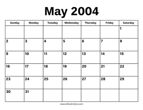 Calendar For May 2004