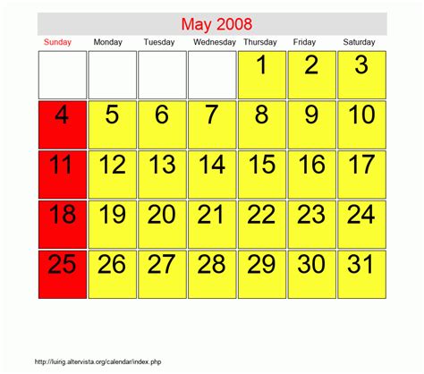 Calendar For May 2008