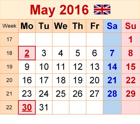 Calendar For May 2016