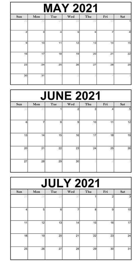Calendar For May June And July