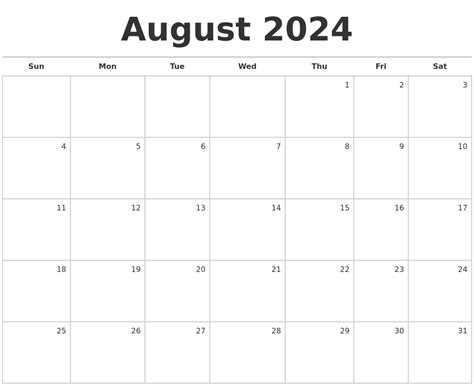 Calendar For Month Of August