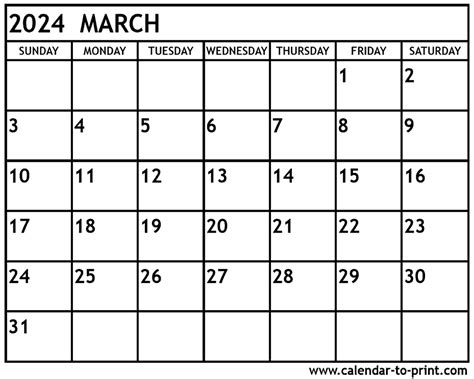 Calendar For Month Of March