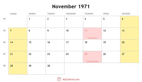 Calendar For November 1971