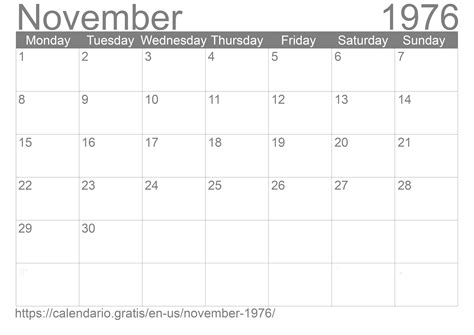 Calendar For November 1976