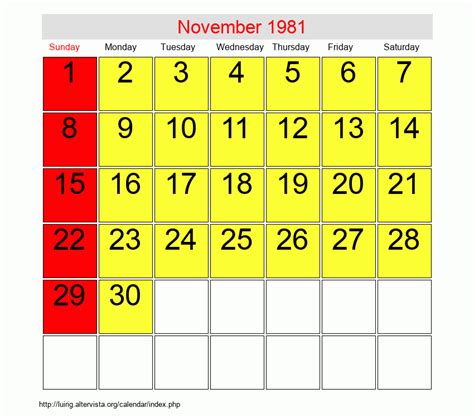 Calendar For November 1981