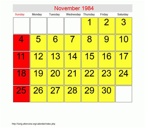 Calendar For November 1984