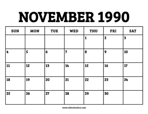 Calendar For November 1990