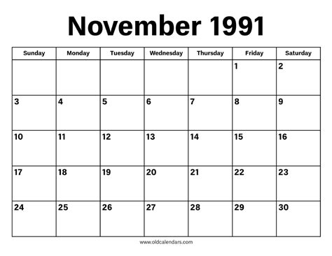 Calendar For November 1991