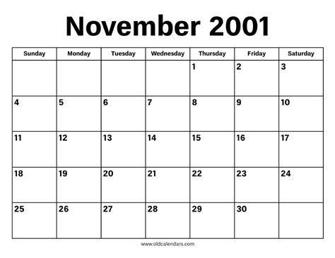 Calendar For November 2001