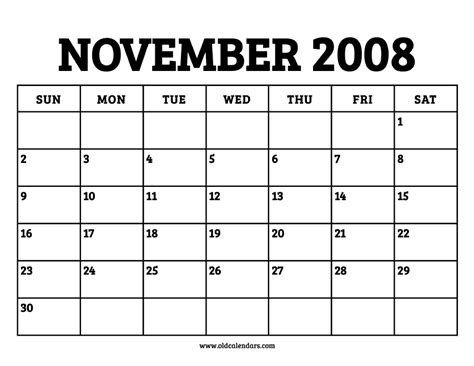 Calendar For November 2008