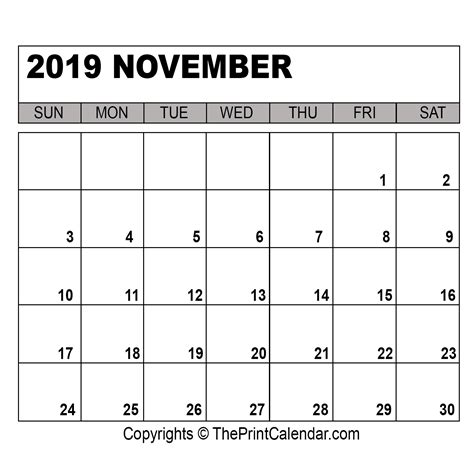 Calendar For November 2019