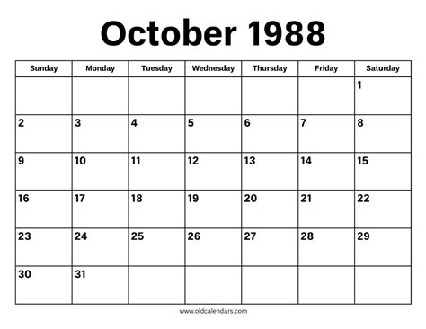 Calendar For October 1988