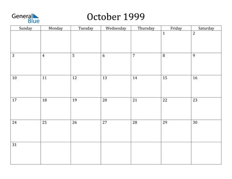 Calendar For October 1999
