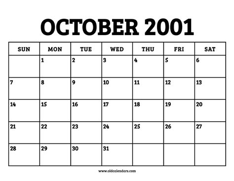 Calendar For October 2001