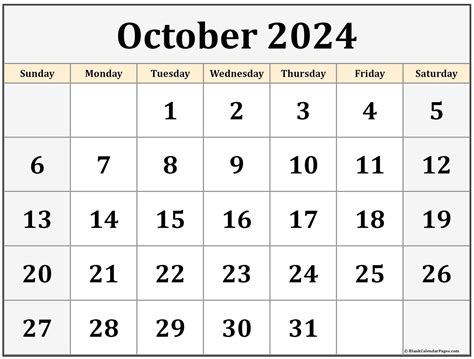 October 2024 Blank Monthly Calendar