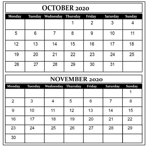 Calendar For October And November