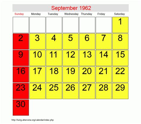 Calendar For September 1962