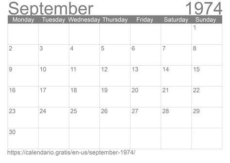 Calendar For September 1974