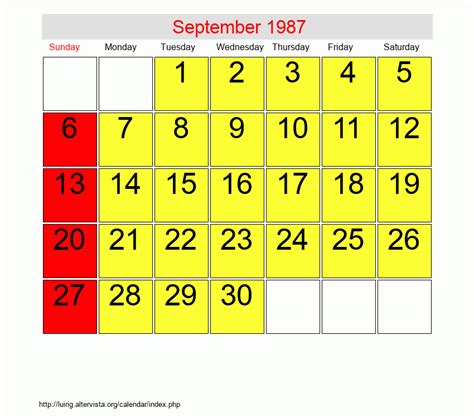 Calendar For September 1987