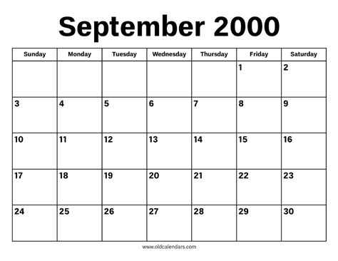 Calendar For September 2000