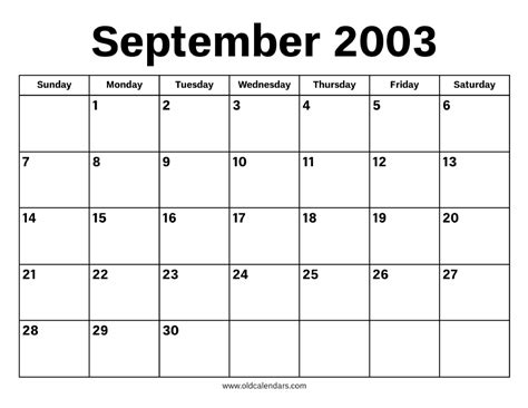 Calendar For September 2003