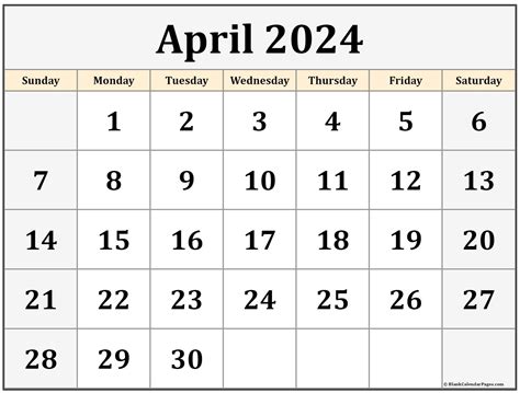 Calendar For The Month Of April