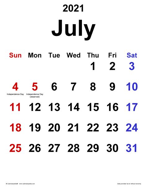 Calendar For The Month Of July