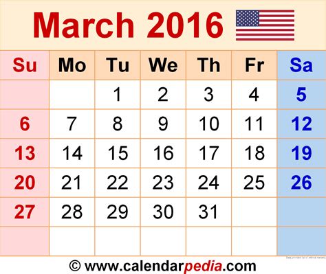 Calendar For The Month Of March 2016