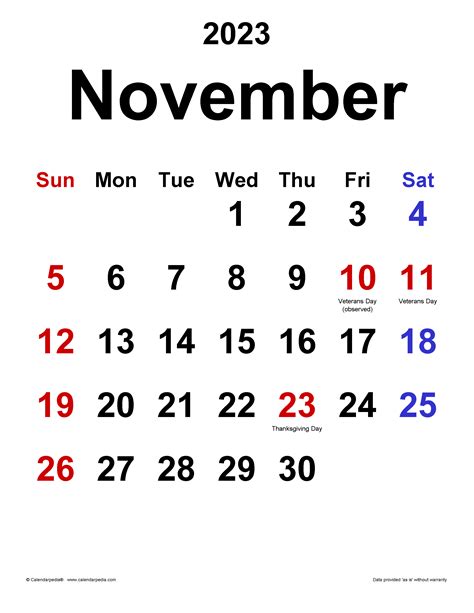 Calendar For The Month Of November 2012