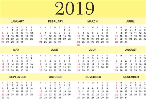 Calendar For The Year 2019