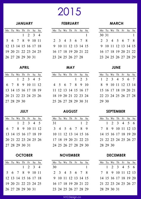 Calendar For Year 2015