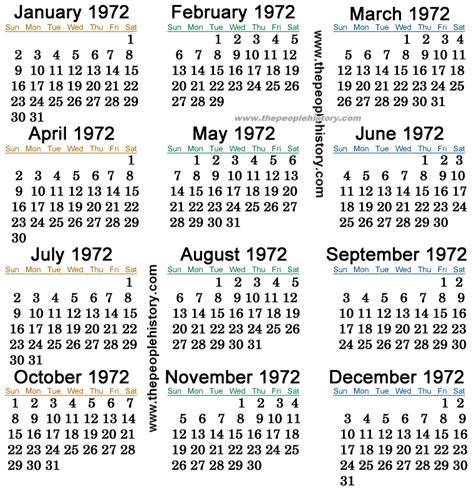 Calendar From 1972