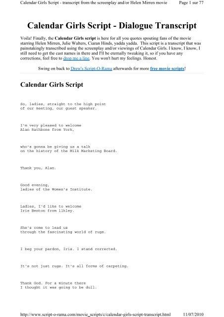 Calendar Girls Free Script