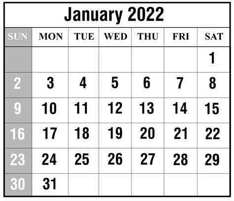 Calendar Jan 2022 Printable