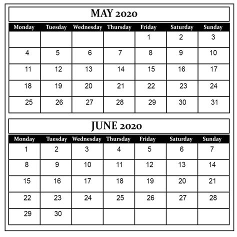 Calendar May June