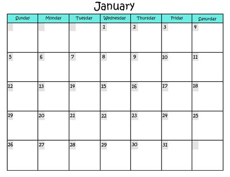 Calendar Month Of January 2015