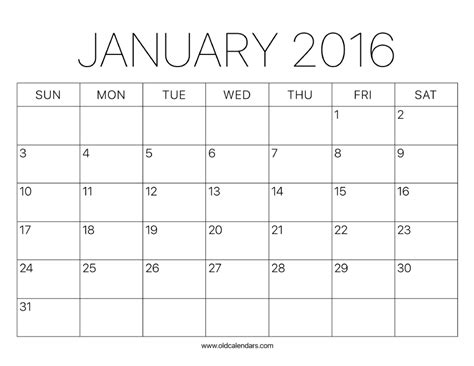 Calendar Month Of January 2016