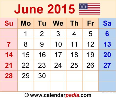 Calendar Month Of June 2015