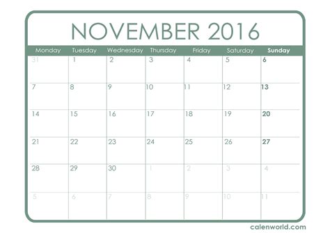 Calendar Month Of November 2016