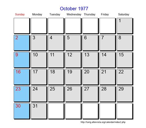 Calendar October 1977