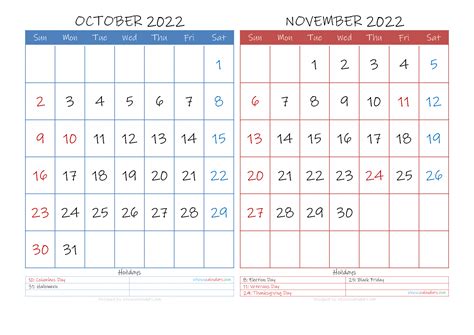 Calendar October And November