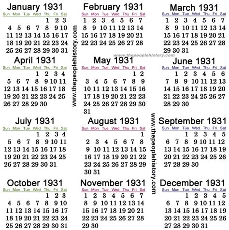 Calendar Of 1931