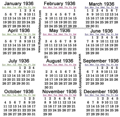 Calendar Of 1936